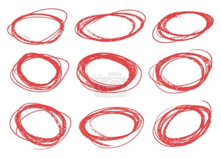 Téléchargez les illustrations : Mettez en évidence les cercles de marqueurs et les ovales. Doodle brosse rouge croquis cadres ovales ensemble - en licence libre de droit