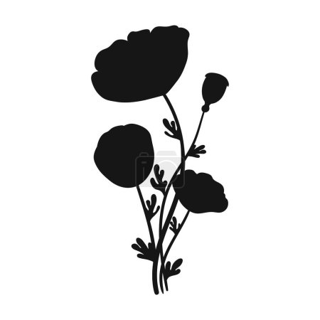 Téléchargez les illustrations : Bouquet de fleurs de pavot silhouette isolée sur fond blanc. Poppies fleurs bouquet silhouettes illustration - en licence libre de droit