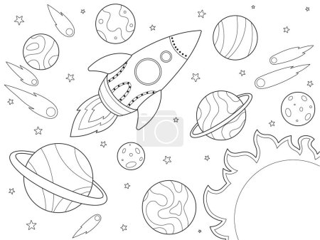 Foto de Espacio y nave espacial. Niños imagen para colorear, trazo negro, fondo blanco. Ilustración de trama. - Imagen libre de derechos