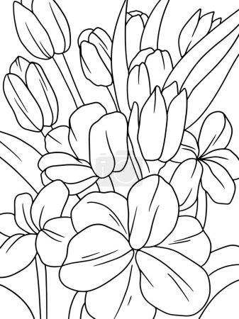 Ramillete de flores, conjunto de tulipanes. Niños imagen para colorear, trazo negro, fondo blanco. Ilustración de trama.