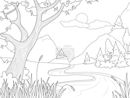 Landscape of nature, a stream in the forest against the backdrop of mountains. Children picture coloring, black stroke, white background. Raster illustration.