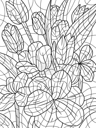 Bouquet of flowers, tulips set. Adult antistress coloring page with doodle and zentangle elements. Raster illustration.