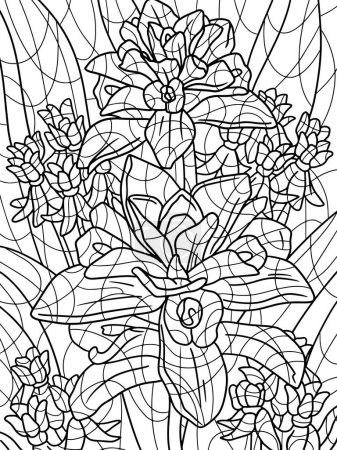 Photo for Coloring bouquet exotic flowers hand drawn illustration. Freehand sketch for adult antistress coloring page with doodle and zentangle elements. Coloring book raster illustration. - Royalty Free Image