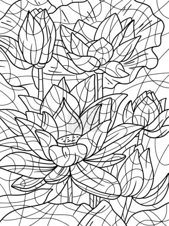 Many water lilies on the pond. Beautiful flowering aquatic plant. Coloring book antistress for children and adults. Illustration on white background. Zen-tangle style. Hand draw