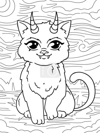 Photo for Devil Kitten, Hells Pet. Children coloring book. Raster illustration. - Royalty Free Image