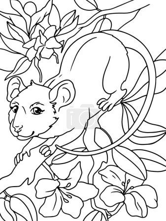 Foto de Rata en una rama de árbol, árbol floreciente. Libro para colorear para niños. Ilustración de trama. - Imagen libre de derechos