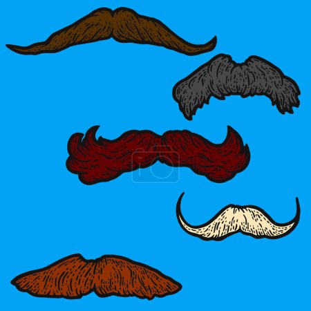 Foto de Set, cinco bigotes retro masculinos. Bosquejo de rayado imitación de color. - Imagen libre de derechos