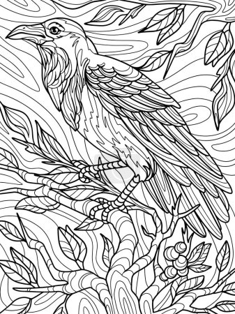 Cuervo en una rama. Antiestrés para niños y adultos. Ilustración sobre fondo blanco. Estilo Zen-enredo. Dibujo manual