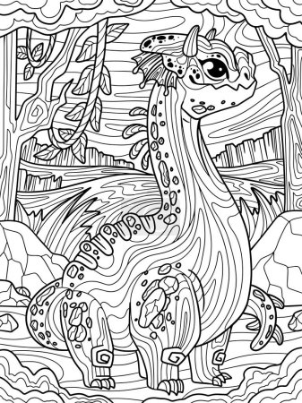 Lustiges Spiel Drachen. Hintergrund Waldtropen. Antistress für Kinder und Erwachsene. Illustration auf weißem Hintergrund. Zen-Wirrwarr. Handauslosung