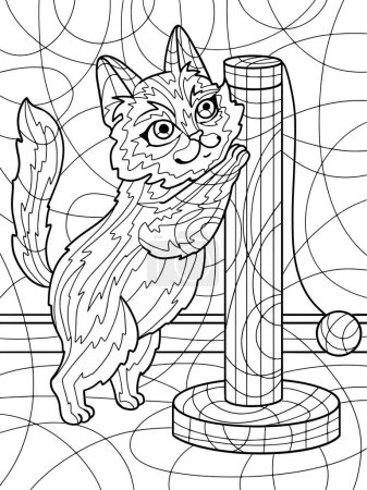 The cat sharpens its claws on the scratching post. Antistress for children and adults. Illustration on white background. Zen-tangle style. Hand draw