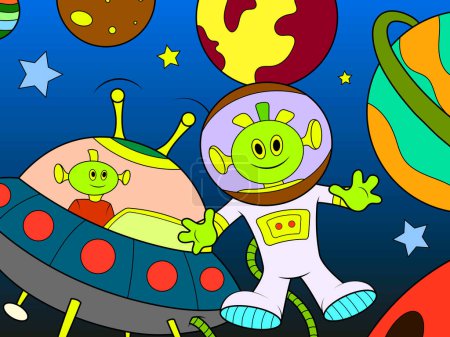 Foto de Aliens in space, space background. Children color raster illustration. - Imagen libre de derechos