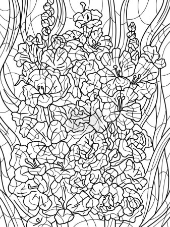 Ramo para colorear flores exóticas ilustración dibujada a mano. Antiestrés para niños y adultos. Ilustración sobre fondo blanco. Estilo Zen-enredo. Dibujo manual