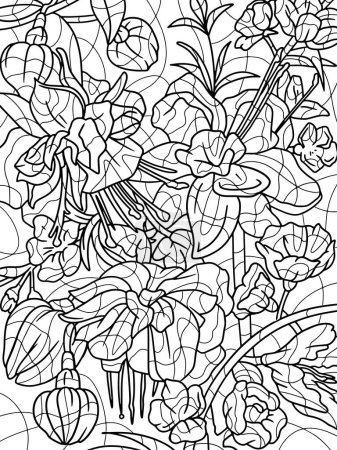 Färbung Blumenstrauß fuchsia Blumen handgezeichnete Illustration. Antistress für Kinder und Erwachsene. Illustration auf weißem Hintergrund. Zen-Wirrwarr. Handauslosung