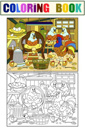 Set color and coloring book Agricultural premises, chicken coop. Farm bird, chicken family. Raster illustration, page for printable children.