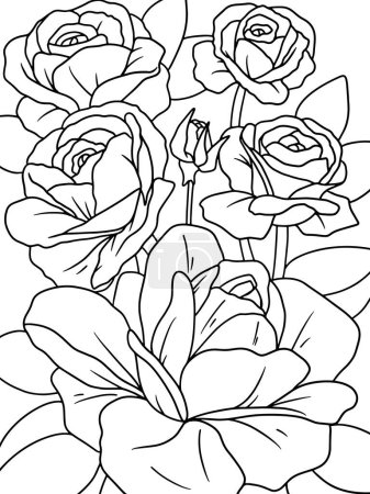 Ilustración de Dibujo para colorear con magnolia y hojas. Página vectorial para colorear. Flor página para colorear. Página en blanco y negro para colorear libro. Coloración anti-estrés. Flores de arte de línea - Imagen libre de derechos