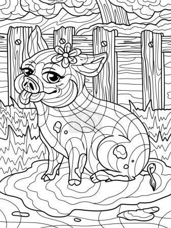 Cheerful pig sits in a puddle and shows its tongue. Farm background. Freehand sketch for adult antistress coloring page with doodle and zentangle elements. Coloring book vector illustration.