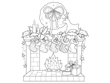 Christmas fireplace with socks and decorations. Children coloring book. Vector illustration.