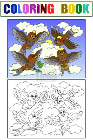 Illustration for Set coloring and color book. Four sparrows in the sky. Children vector illustration - Royalty Free Image