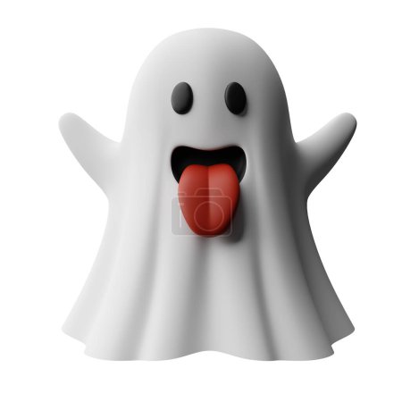 3d rendering illustration scary white ghost with tongue out floating halloween decorative design theme