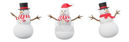 Téléchargez les photos : Ensemble 3d bonhomme de neige avec chapeau de Noël. Illustration du bonhomme de neige portant le chapeau de Père Noël thème de décoration de Noël - en image libre de droit