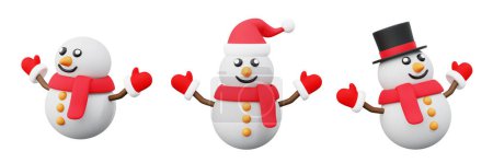 Téléchargez les photos : Ensemble 3d bonhomme de neige avec dessin animé style. Illustration du bonhomme de neige portant le chapeau de Père Noël thème de décoration de Noël - en image libre de droit