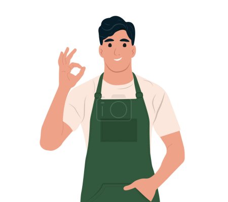 Ilustración de Empleados de tienda de comestibles, pequeñas empresas.Feliz hombre positivo mostrando gesto. ilustración vectorial - Imagen libre de derechos