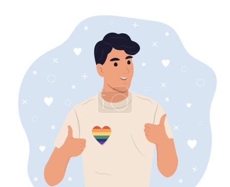 Gay man with LGBTQ rainbow and transgender heart celebrating pride month or day