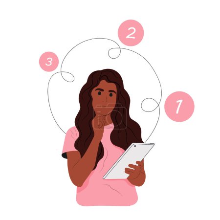 Illustration for A person looks at the sequence of his affairs and tasks. A young pensive girl makes a to-do list, agenda, strategy steps. Schedule concept. Vector illustration. - Royalty Free Image