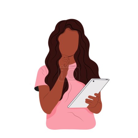 Illustration for A black girl holds a tablet in her hands and looks at the sequence of her affairs and tasks. Man makes to-do list, agenda, strategic steps. - Royalty Free Image