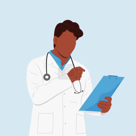Illustration for A black man is a doctor with a tablet and a stethoscope standing, looking at something with a magnifying glass and trying to find something. Curiosity concept. - Royalty Free Image
