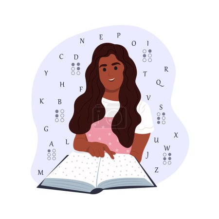 Ilustración de World Braille Day. Black smiling blind African American woman reading something in braille. World Braille Day. - Imagen libre de derechos