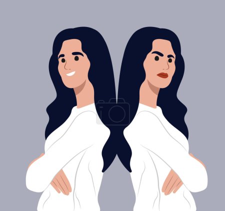 Illustration for A person with a split personality. sad and cheerful girl stands shoulder to shoulder. World Bipolar Day. Bipolar disorder and duality, psychological concept - Royalty Free Image
