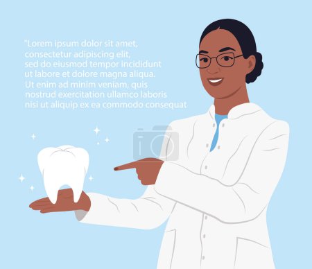 Ilustración de A dentist holds a healthy, shining tooth in the palm of his hand. World Oral Health Day. African female doctor smiling. Vector flat illustration - Imagen libre de derechos