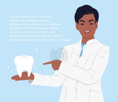 Ilustración de A dentist holds a healthy, shining tooth in the palm of his hand. World Oral Health Day. Beautiful smile of a young woman with healthy white teeth and oral cavity - Imagen libre de derechos