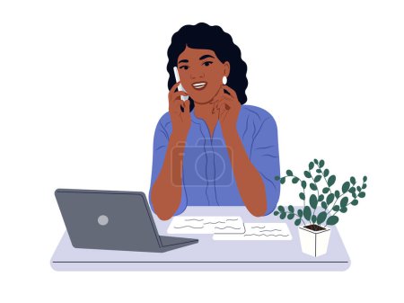 Manager spricht während eines Telefonats mit einem Kunden. Eine schwarze Frau telefoniert bei der Arbeit im Büro.