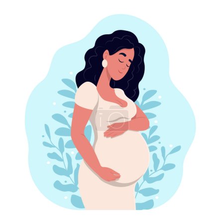 Ilustración de Embarazo saludable. Hermosa mujer negra embarazada abraza su vientre. El concepto de embarazo y maternidad. Embarazo saludable. ilustración vectorial para doula, partera, médico - Imagen libre de derechos