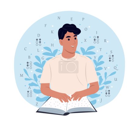 Illustration for June 27 - International Day of the Deaf-Blind.World Braille Day. A smiling blind man reads something in Braille. November 13 - International Day of the Blind - Royalty Free Image