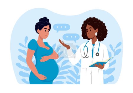 Illustration for A woman expecting a baby visits the doctors office, examination during pregnancy. A pregnant woman is talking to an obstetrician gynecologist. Consultation and examination during pregnancy concept - Royalty Free Image