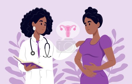 Síntomas de fibromas uterinos, diagnóstico y tratamiento. Julio es el mes de la conciencia de los fibromas. .. Un médico de familia negro está hablando con una paciente con fibromas uterinos. Consulta de un ginecólogo