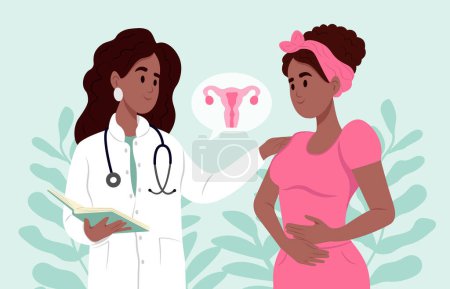 Síntomas de fibromas uterinos, diagnóstico y tratamiento. Un médico de familia negro está hablando con una paciente con fibromas uterinos. Julio es el mes de la conciencia de los fibromas. Consulta de un ginecólogo