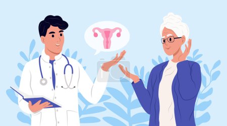 Illustration for Uterine Fibroids symptoms, diagnostic and treatment. A doctor is talking to a patient with uterine fibroids. July is fibroid awareness month. Consultation of a gynecologist - Royalty Free Image