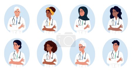 Illustration for Avatar of smiling medical staff. Set of different doctors. African American, Muslim, Native American, African, Chinese, Asian,Elderly . Multi-ethnic medical workers of different nationalities - Royalty Free Image