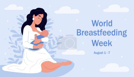 Illustration for World Breastfeeding Week. August 1 - 7.Illustration of breastfeeding, a mother breastfeeds a child. Illustrations in cartoon style - Royalty Free Image