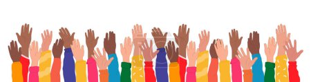 Illustration for International youth day. Group raised arms of colleagues or friends diverse culture. Community people diversity. Compassion - Royalty Free Image