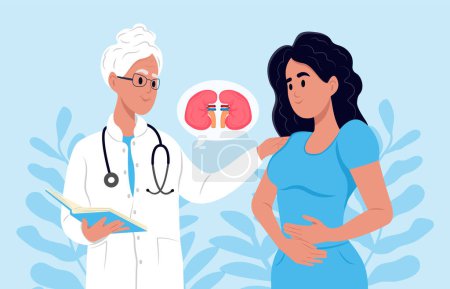 Illustration for A nephrologist talks to a patient about kidney disease. African-American nephrologist, scientist researches glomerulonephritis, pyelonephritis, urolithiasis, polycystic kidney disease, kidney failure - Royalty Free Image