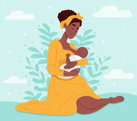 Illustration for Happy motherhood and childhood concept. Happy loving young african woman mother feeding her baby with breast milk. World Breast feeding Week - Royalty Free Image
