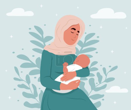 Illustration for Illustration of breastfeeding, a muslim mother breastfeeds a child.World Breastfeeding Week. August 1-7. Illustrations in cartoon style - Royalty Free Image