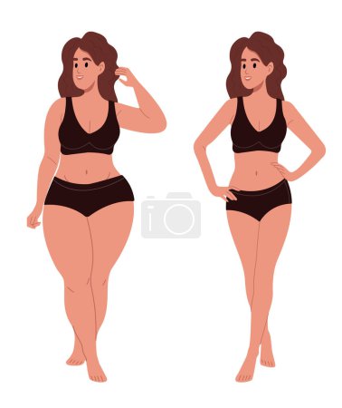 Téléchargez les illustrations : Concept de corps gras et en surpoids. Une femme en surpoids se tient devant une femme mince, mince et en forme. Avant et après la perte de poids. Illustrations vectorielles - en licence libre de droit