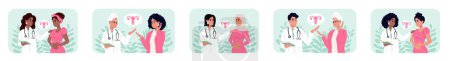 Illustration for Doctors and patients of different races and ages. Male and female doctors talking to patients during consultation. International Day of Gynecological Health - Royalty Free Image