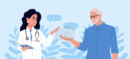 Illustration for Smiling doctor supporting old senior male patient in hospital. The concept of healthcare for the elderly - Royalty Free Image